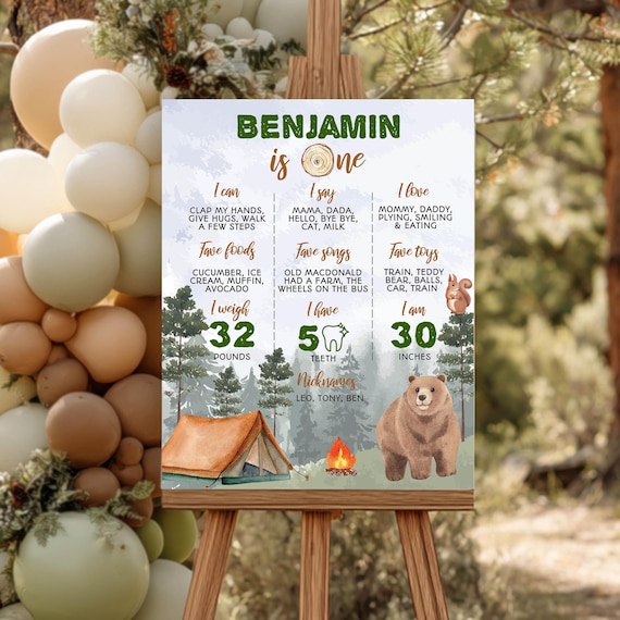 Camping First Birthday Milestone Poster, One Little Camper Birthday Milestone, Woodland Animals First Year Board, Printable Template C006