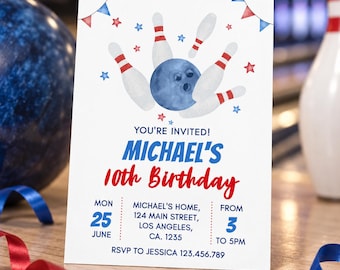Peut inclure: Une carte d'invitation d'anniversaire rectangulaire blanche avec une illustration à l'aquarelle d'une boule de bowling bleue frappant des quilles blanches à rayures rouges, des étoiles et des fanions. Texte : YOU'RE INVITED! MICHAEL'S 10th BIRTHDAY, MON 25 JUNE, MICHAEL'S HOME, 124 MAIN STREET, LOS ANGELES, CA. 1235, FROM 3 TO 5PM, RSVP TO JESSICA 123.456.789.