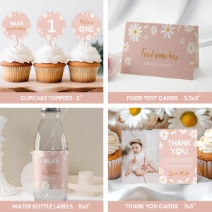 May include: A set of party supplies featuring a daisy pattern on a dusty pink background, including 2-inch cupcake toppers, 3.5x2-inch food tent cards, 8x2-inch water bottle labels, and 7x5-inch thank you cards with text for a first birthday.