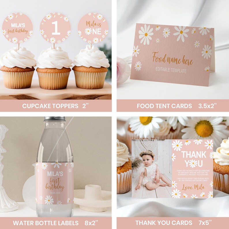 May include: A set of party supplies featuring a daisy pattern on a dusty pink background, including 2-inch cupcake toppers, 3.5x2-inch food tent cards, 8x2-inch water bottle labels, and 7x5-inch thank you cards with text for a first birthday.