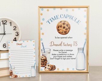 EDITABLE Milk and Cookies First Birthday Time Capsule Template, Boy 1st Birthday Time Capsule Sign, One Sweet Cookie Birthday Party. C010