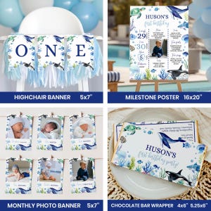 May include: A collection of ocean-themed party supplies including a highchair banner spelling ONE, a 16x20 inch milestone poster, a monthly photo banner with 5x7 inch cards, and 4x5.25 inch chocolate bar wrappers featuring whales and sea life.