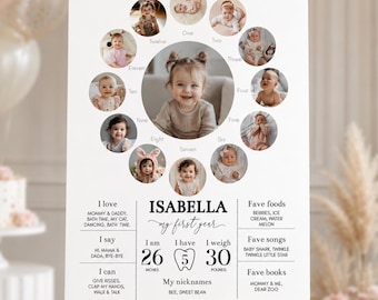 Panneau MODIFIABLE pour le premier anniversaire, affiche moderne pour le premier anniversaire, tableau photo pour bébé d'un an, modèle imprimable. FA03