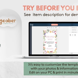 May include: A laptop screen displaying a customizable birthday thank you card template with floral borders and the text THANK YOU for coming to my birthday party! Love, Camelia. The screen shows editing tools and the text TRY BEFORE YOU BUY!