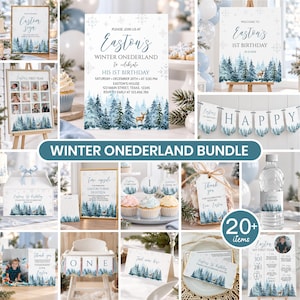 Winter Onederland Birthday Bundle | Winter Wonderland 1st Birthday Invitation Set | Woodland Deer Party Decor | Instant Download | W006 image 1
