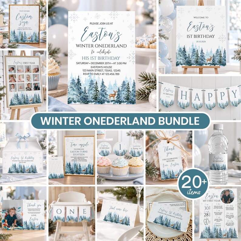 Winter Onederland Birthday Bundle | Winter Wonderland 1st Birthday Invitation Set | Woodland Deer Party Decor | Instant Download | W006 image 1