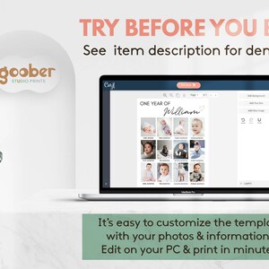 May include: A laptop screen displaying a digital photo collage template titled ONE YEAR OF William, featuring twelve individual baby photos arranged in a grid, with editing tools visible in the interface and the text TRY BEFORE YOU BUY.