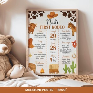 Puede incluir: Un p&oacute;ster de hitos rectangular titulado Noah's FIRST RODEO con un borde de estampado de vaca marr&oacute;n. Incluye ilustraciones de un sombrero de vaquero, toro, caballo, botas, barril, fogata, carreta y cactus, junto con datos personales.