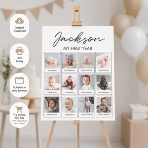 Op de afbeelding: Een wit rechthoekig mijlpaalbord met de titel Jackson My First Year, voorzien van twaalf individuele fotokaders gelabeld van &eacute;&eacute;n maand tot twaalf maanden. Het ontwerp bevat zwarte tekst en randen op een witte achtergrond, geplaatst op een houten ezel.