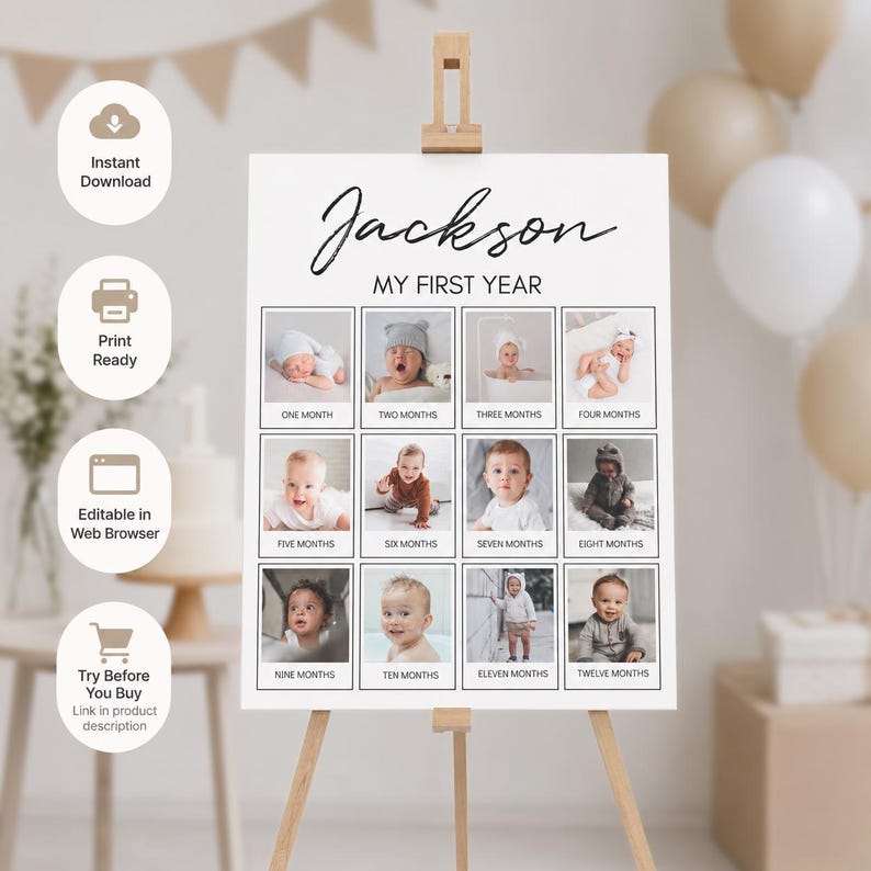Op de afbeelding: Een wit rechthoekig mijlpaalbord met de titel Jackson My First Year, voorzien van twaalf individuele fotokaders gelabeld van &eacute;&eacute;n maand tot twaalf maanden. Het ontwerp bevat zwarte tekst en randen op een witte achtergrond, geplaatst op een houten ezel.
