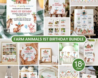 Pacote de convites de aniversário com tema de animais da fazenda, kit para festa de aniversário de 1 ano com tema de animais da fazenda, pacote de decoração para festa de aniversário com tema de animais, download instantâneo. F014