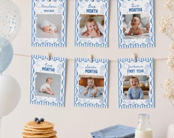 Editable We Haven’t Slept One Bit Monthly Photo Banner | Pajamas and Pancakes First Birthday Banner | Instant Download | P019