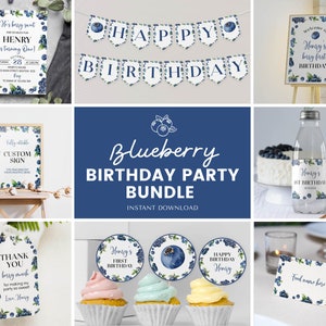 Editable Berry First Birthday Invitation Bundle, Blueberry 1st Birthday Party Kit, Blueberries Birthday Decor Package, Instant Download B013