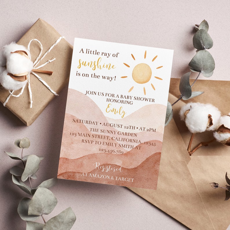 May include: A baby shower invitation with a sun graphic and the text "A little ray of sunshine is on the way!"  Join us for a baby shower honouring Emily. Saturday, August 12th at 2pm. The Sunny Garden, 123 Main Street, California 12345. RSVP to Emily Smith at 123-456-789. Registered at Amazon & Target.