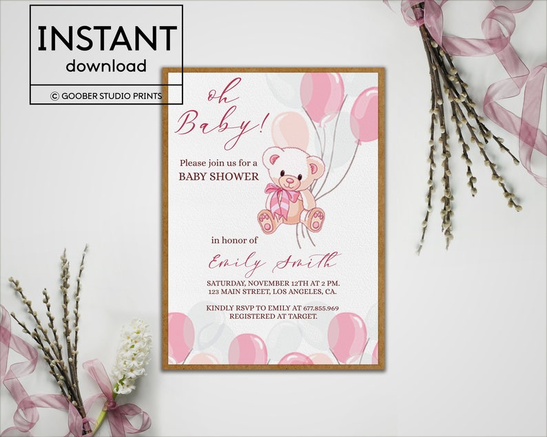 EDITABLE Teddy Bear Baby Shower Invitations Girl Bear Themed Etsy