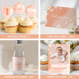 May include: A collection of party supplies featuring a peach and white daisy theme. Includes 2-inch round cupcake toppers, 3.5x2-inch food tent cards, 8x2-inch water bottle labels, and 5x7-inch thank you cards with a photo of a baby.