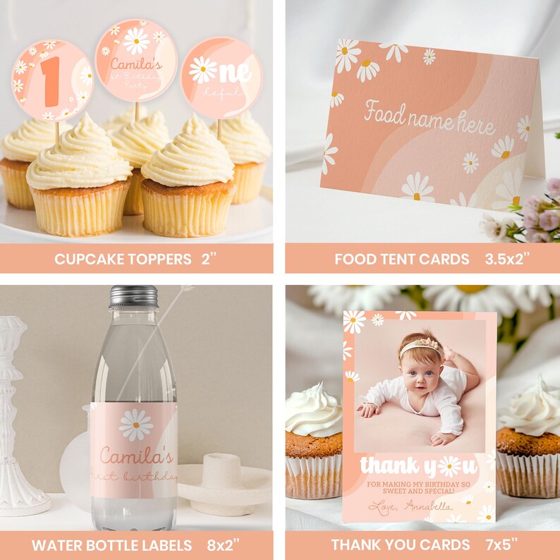 May include: A collection of party supplies featuring a peach and white daisy theme. Includes 2-inch round cupcake toppers, 3.5x2-inch food tent cards, 8x2-inch water bottle labels, and 5x7-inch thank you cards with a photo of a baby.