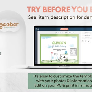 May include: A laptop displays a customizable birthday invitation template with a golf theme. The design features a golf cart, balloons, and the text "Oliver's first birthday." The image includes the text "Try before you buy!" and "It's easy to customize the template."