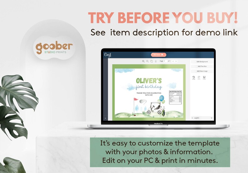 May include: A laptop displays a customizable birthday invitation template with a golf theme. The design features a golf cart, balloons, and the text "Oliver's first birthday." The image includes the text "Try before you buy!" and "It's easy to customize the template."