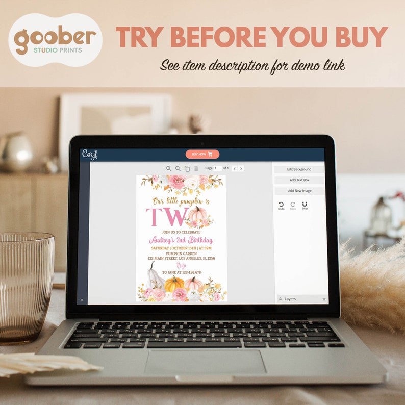 May include: A laptop screen shows a birthday invitation design with the text "Our little pumpkin is TW" and pumpkin illustrations. The laptop also displays editing tools. The top of the image has the text "TRY BEFORE YOU BUY".
