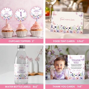 May include: A collection of party supplies featuring floral and butterfly designs in purple and pink. Includes three 2-inch cupcake toppers, a 3.5x2-inch food tent card, an 8x2-inch water bottle label, and a 7x5-inch thank you card with text.