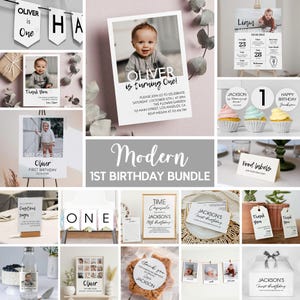 Pacchetto di inviti minimalisti modificabili per il primo compleanno, kit di inviti moderni per il primo compleanno, pacchetto di decorazioni per il compleanno semplice, download immediato. M004