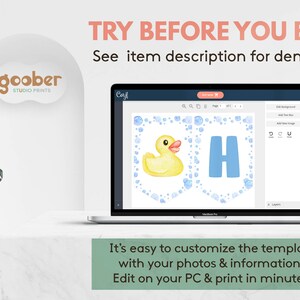 Puede incluir: Una pantalla de port&aacute;til que muestra una plantilla de banner de fiesta digital con un pato de goma amarillo y la letra azul H, rodeados de burbujas azules. El texto en la pantalla dice TRY BEFORE YOU BUY! See item description for demo link.