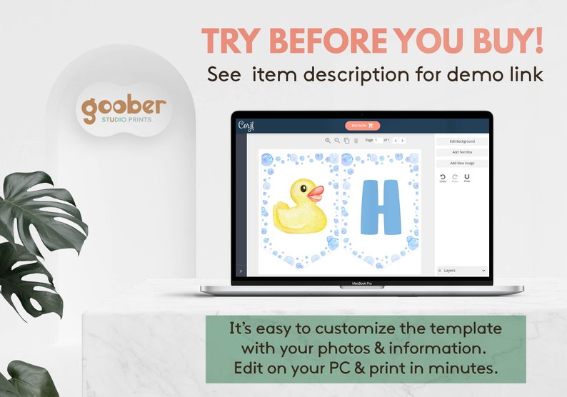Puede incluir: Una pantalla de port&aacute;til que muestra una plantilla de banner de fiesta digital con un pato de goma amarillo y la letra azul H, rodeados de burbujas azules. El texto en la pantalla dice TRY BEFORE YOU BUY! See item description for demo link.
