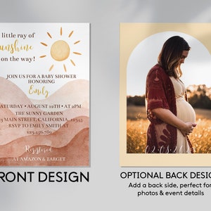May include: A baby shower invitation with a watercolour background featuring a sun and the text "A little ray of sunshine is on the way!" The invitation includes details for the event, including the date, time, location, and RSVP information. The back of the invitation features a photo of a pregnant woman in a field.