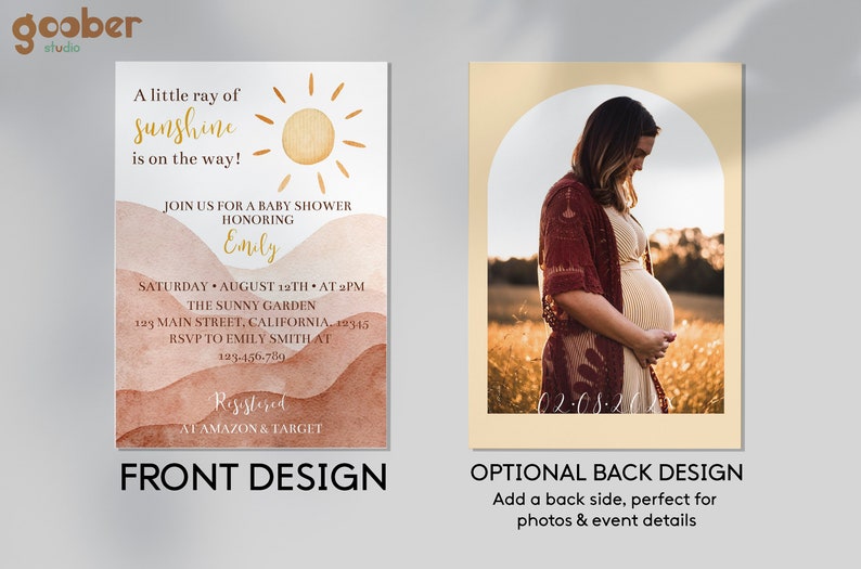 May include: A baby shower invitation with a watercolour background featuring a sun and the text "A little ray of sunshine is on the way!" The invitation includes details for the event, including the date, time, location, and RSVP information. The back of the invitation features a photo of a pregnant woman in a field.