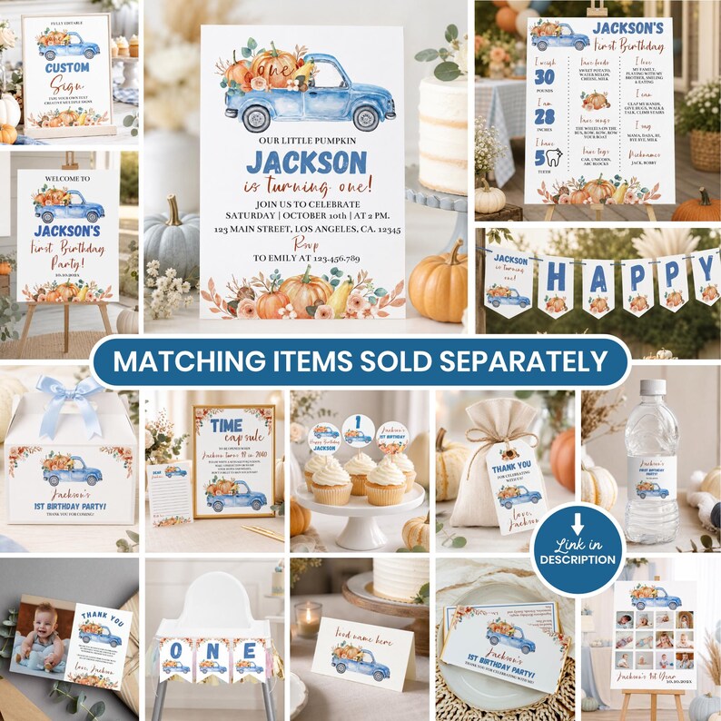 May include: A collection of party stationery and decorations featuring a blue truck and pumpkin theme for a first birthday. Items include invitations, milestone signs, banners, cupcake toppers, favor tags, and water bottle labels with blue text.