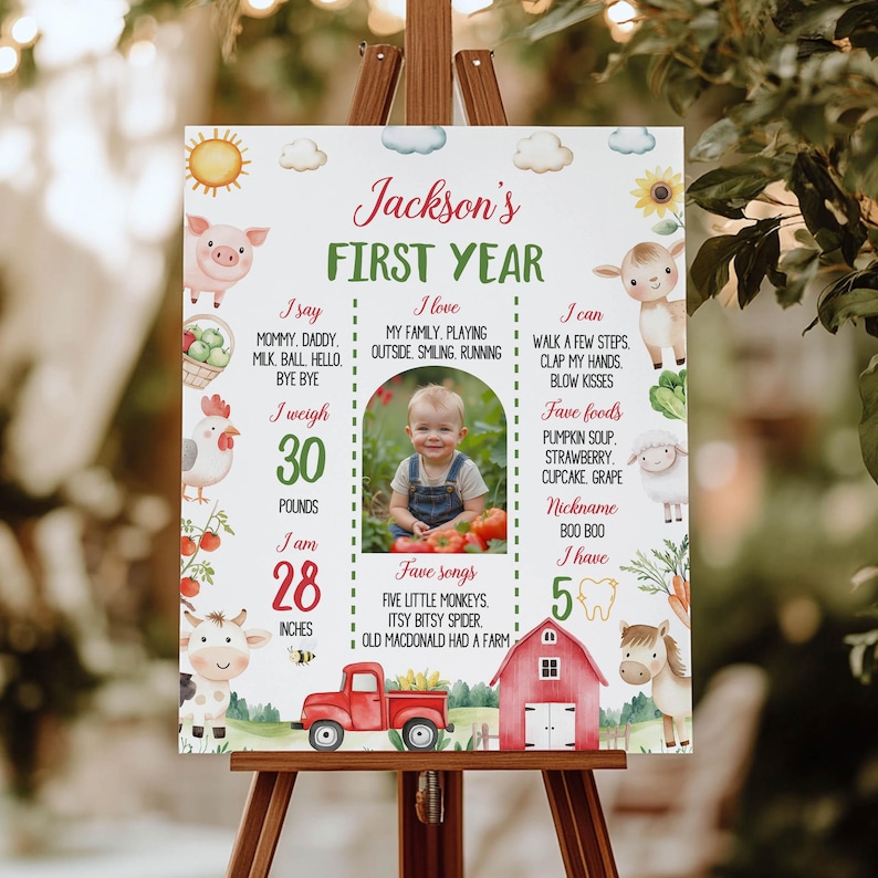 EDITABLE Farm Animals Birthday Milestone Sign, 1st Birthday Milestone Photo Poster, Farm Birthday Milestone Board, Instant Download