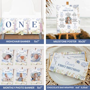 Puede incluir: Un conjunto de art&iacute;culos de fiesta con tem&aacute;tica oce&aacute;nica para un primer cumplea&ntilde;os, que incluye una pancarta para trona, un p&oacute;ster de hitos de 40,6x50,8 cm, una pancarta de fotos mensual de 12,7x17,8 cm y un envoltorio de chocolate de 10,2x13,3 cm.