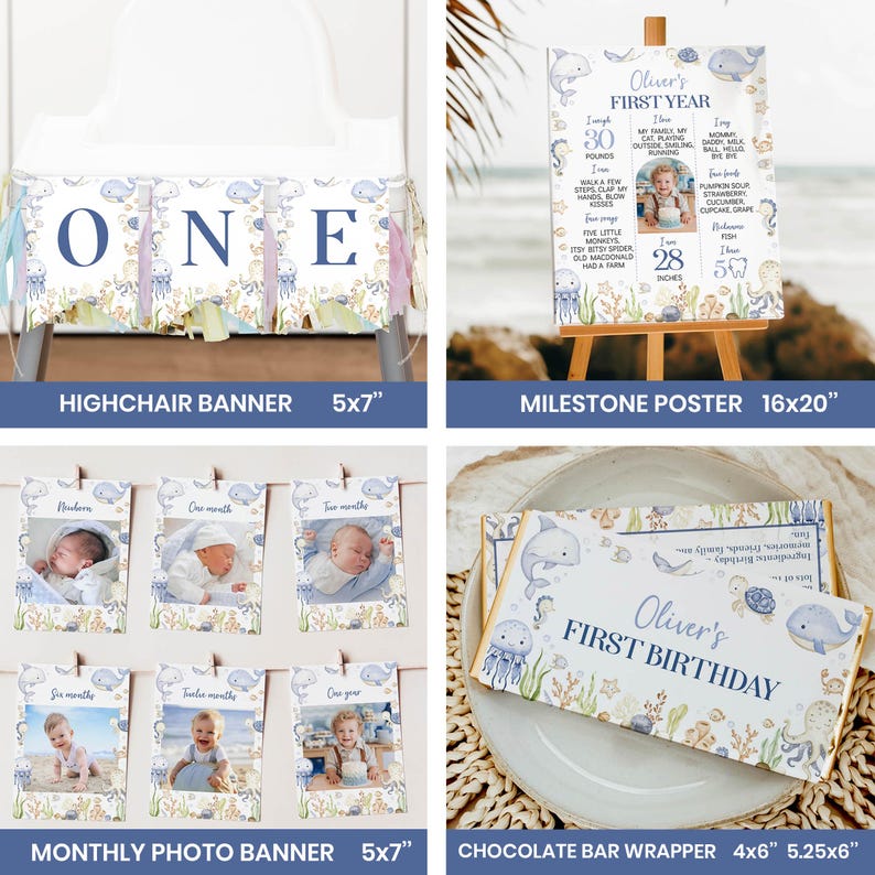 Puede incluir: Un conjunto de art&iacute;culos de fiesta con tem&aacute;tica oce&aacute;nica para un primer cumplea&ntilde;os, que incluye una pancarta para trona, un p&oacute;ster de hitos de 40,6x50,8 cm, una pancarta de fotos mensual de 12,7x17,8 cm y un envoltorio de chocolate de 10,2x13,3 cm.