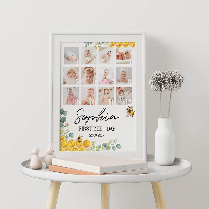 Editable First Year Photo Collage, Bee Baby First Year Poster, Monthly Picture Print, First Bee Day Birthday Decor, Printable Template. B002 image 3