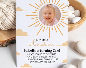 Editable Sunshine First Birthday Invitation, Boho Sunshine 1st Birthday Invite with Photo, Sun Birthday Card, Customizable Template. S005