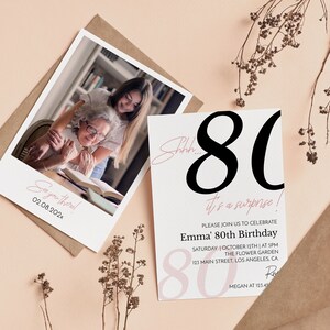 May include: A rectangular birthday invitation card featuring the large black text 80, the pink script text Shhh... it's a surprise!, and event details for Emma's 80th birthday. A second card shows a photograph of two people with the text See you there!.