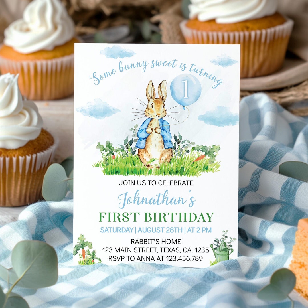 EDITABLE Peter Rabbit Birthday Invitation, Rustic Bunny Invitation, Boy ...