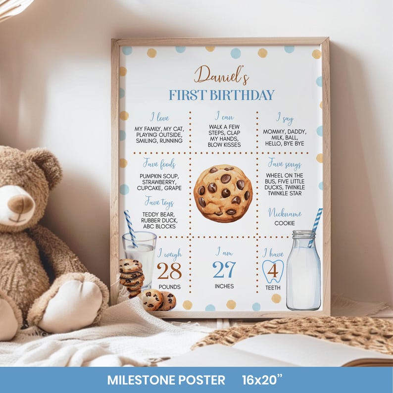 Op de afbeelding: Een mijlpaalposter voor een eerste verjaardag getiteld Daniel's First Birthday, met blauwe en gouden stippen, een centrale illustratie van een chocolate chip cookie en tekst over favorieten, 12,7 kg gewicht, 68,6 cm lengte en 4 tanden.