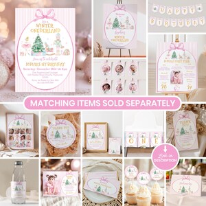 May include: A collection of Winter Onederland themed party supplies featuring pink and white striped patterns, gold text, and illustrations of a nutcracker, Christmas tree, and ballerina. Items include invitations, banners, signs, and tags.
