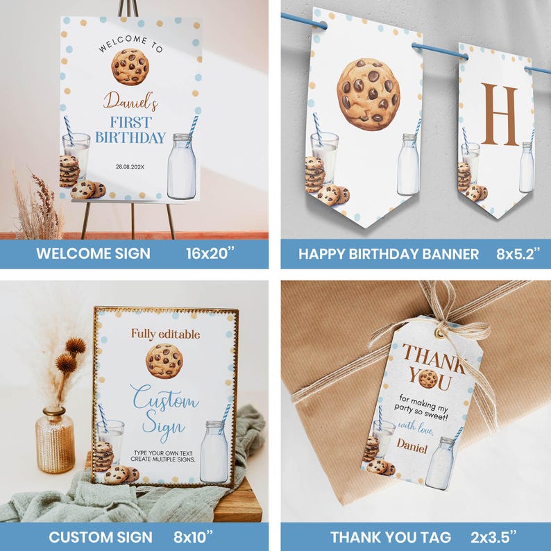 Op de afbeelding: Een set feestartikelen met een koekjes- en melkthema, inclusief een welkomstbord van 16x20 inch, een banner van 8x5,2 inch, een aanpasbaar bord van 8x10 inch en een bedankkaartje van 2x3,5 inch, versierd met blauwe en gouden stippen.