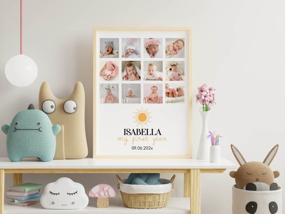 Editable First Year Photo Collage, 12 Month Photo Print, Sunshine First Birthday Photo Frame, First Year Poster, Customizable Template. S005