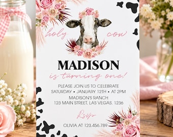 EDITABLE Holy Cow I'm One Invitation, Cow 1st Birthday Invitation, Boho Cow Birthday Invitation, Girl Farm Birthday, Printable Template C004