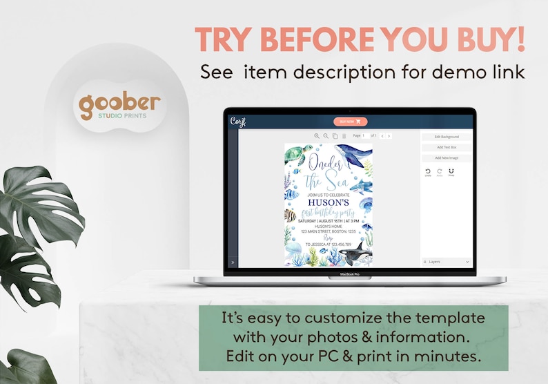 May include: A laptop displaying an editable digital invitation template with watercolor sea creatures and the text Oneder the Sea. The screen shows editing tools and party details for Huson's first birthday. Text above reads TRY BEFORE YOU BUY!