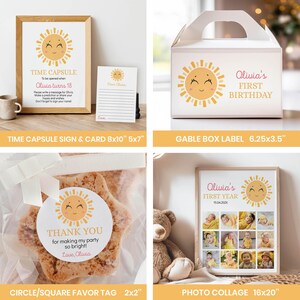 Puede incluir: Un conjunto de papeler&iacute;a para fiestas con un gr&aacute;fico de sol sonriente. Incluye un letrero de c&aacute;psula del tiempo de 20x25 cm, una tarjeta de 13x18 cm, una etiqueta de caja de 16x9 cm, una etiqueta de regalo de 5x5 cm y un collage de 41x51 cm.