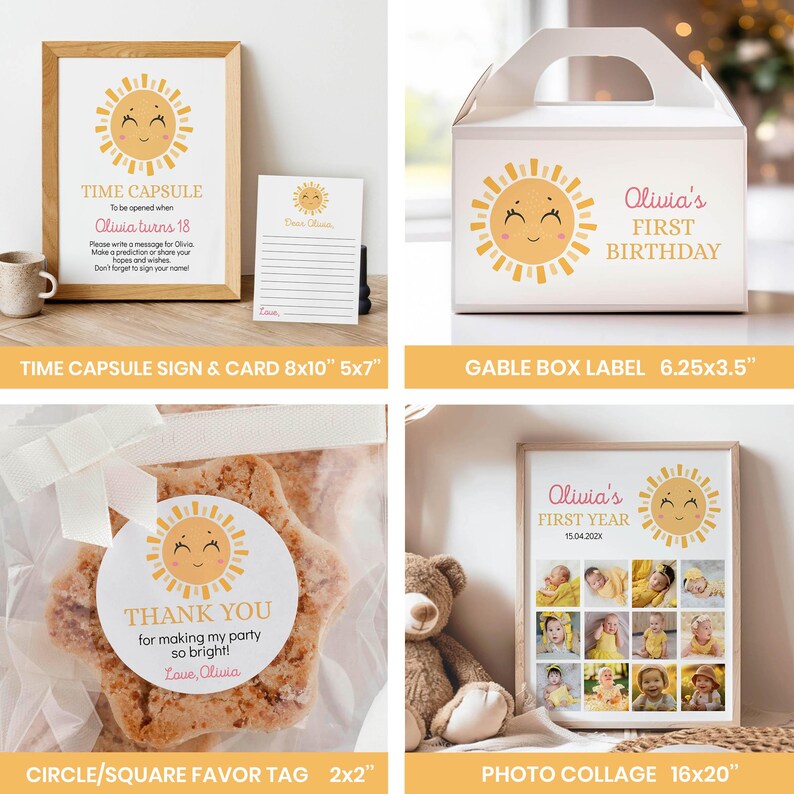 Puede incluir: Un conjunto de papeler&iacute;a para fiestas con un gr&aacute;fico de sol sonriente. Incluye un letrero de c&aacute;psula del tiempo de 20x25 cm, una tarjeta de 13x18 cm, una etiqueta de caja de 16x9 cm, una etiqueta de regalo de 5x5 cm y un collage de 41x51 cm.