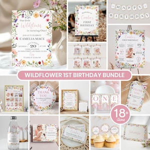 Wildflower First Birthday Invitation Bundle, Flower Birthday Party Decor Kit, Pink Girl Floral Birthday Package, Instant Download. W011