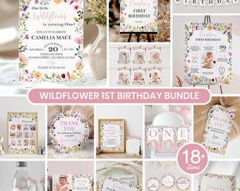 May include: A wildflower-themed first birthday party bundle featuring invitations, milestone posters, banners, thank you tags, and cupcake toppers. The stationery displays colorful floral illustrations, pink and black text, and placeholders for photos and event details.