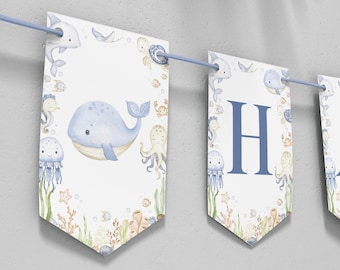 Bearbeitbar unter dem Meer Geburtstagsbanner, Oneder The Sea alles Gute zum Geburtstag Dekor, süße Ozean-Geburtstagsfeierdekoration, druckbare Vorlage. O015
