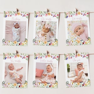 Bearbeitbares Fotobanner für das erste Jahr, Wildblumen-Geburtstagskind-Banner, Babys erste Geburtstagsfotos, Florales monatliches Fotobanner, druckbares W011